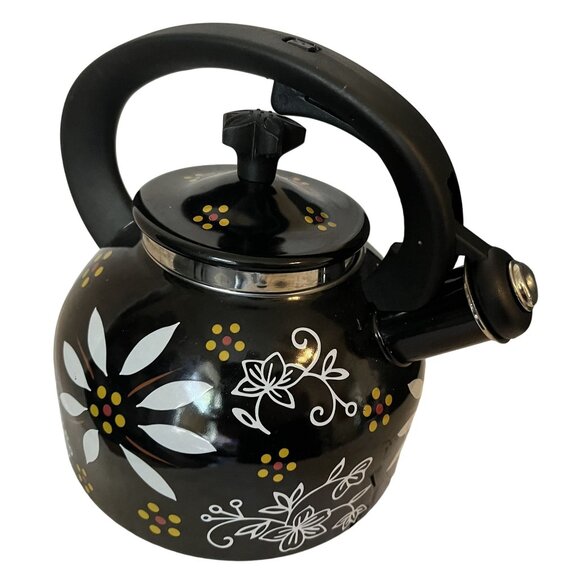 TEMPTATIONS By Tara BLACK Old World Stove Top Metal Tea Kettle-2.3QT - Picture 1 of 15